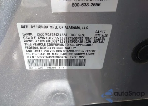 2017 Honda Pilot Touring z USA, uszkodzony, nr VIN 5FNYF6H98HB025426